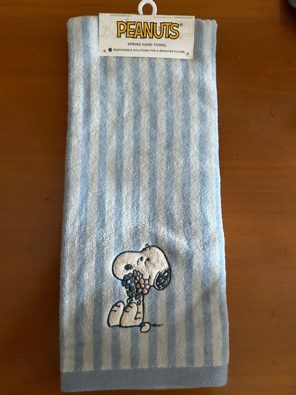 Peanuts Snoopy Light Blue & White Striped Hand Towel with Embroidered Snoopy